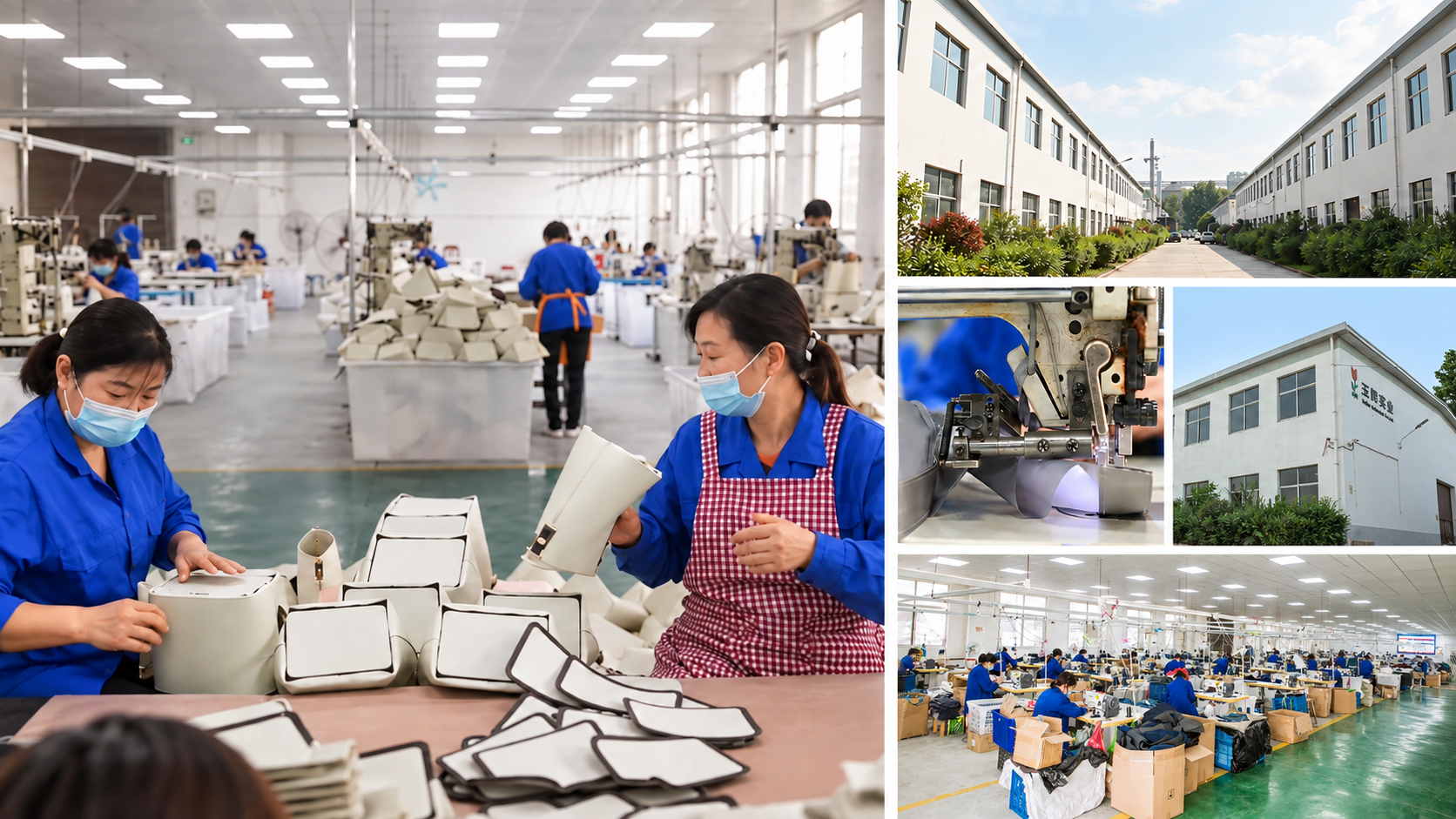 A collage of Tianzi factory exterior and bag production scenes